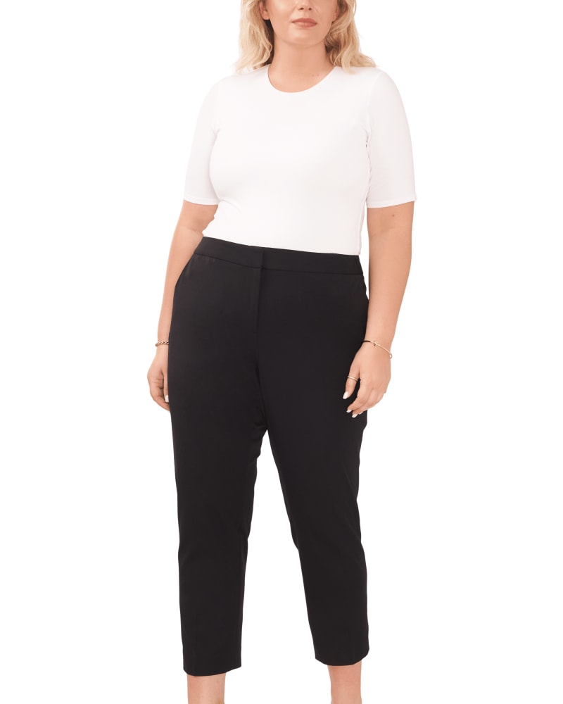 Front of a model wearing a size 12W Hazel Front Zip Twill Pant in RICH BLACK by Vince Camuto. | dia_product_style_image_id:261102